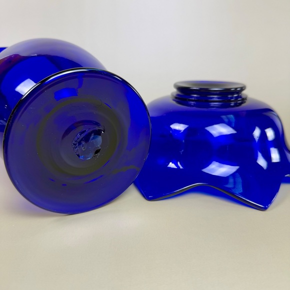 Vintage Cobalt Blue Glass Pitcher & Ruffled Bowl Set | Hand Blown Art Glass - Picture 9 of 16